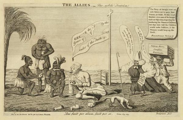 <i>The Allies</i> political cartoon depicting George III sharing a bone with a Native. He is using the top of a skull as a bowl.  